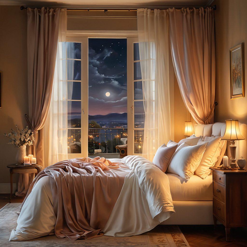 A romantic setting featuring a candlelit bedroom with soft, flowing silk sheets and plush pillows. The atmosphere is intimate with gentle shadows and warm, inviting colors. Include a pair of intertwined hands reaching for each other, symbolizing connection and intimacy. An open window with sheer curtains letting in moonlight enhances the dreamy vibe. painting. warm tones. soft focus.
