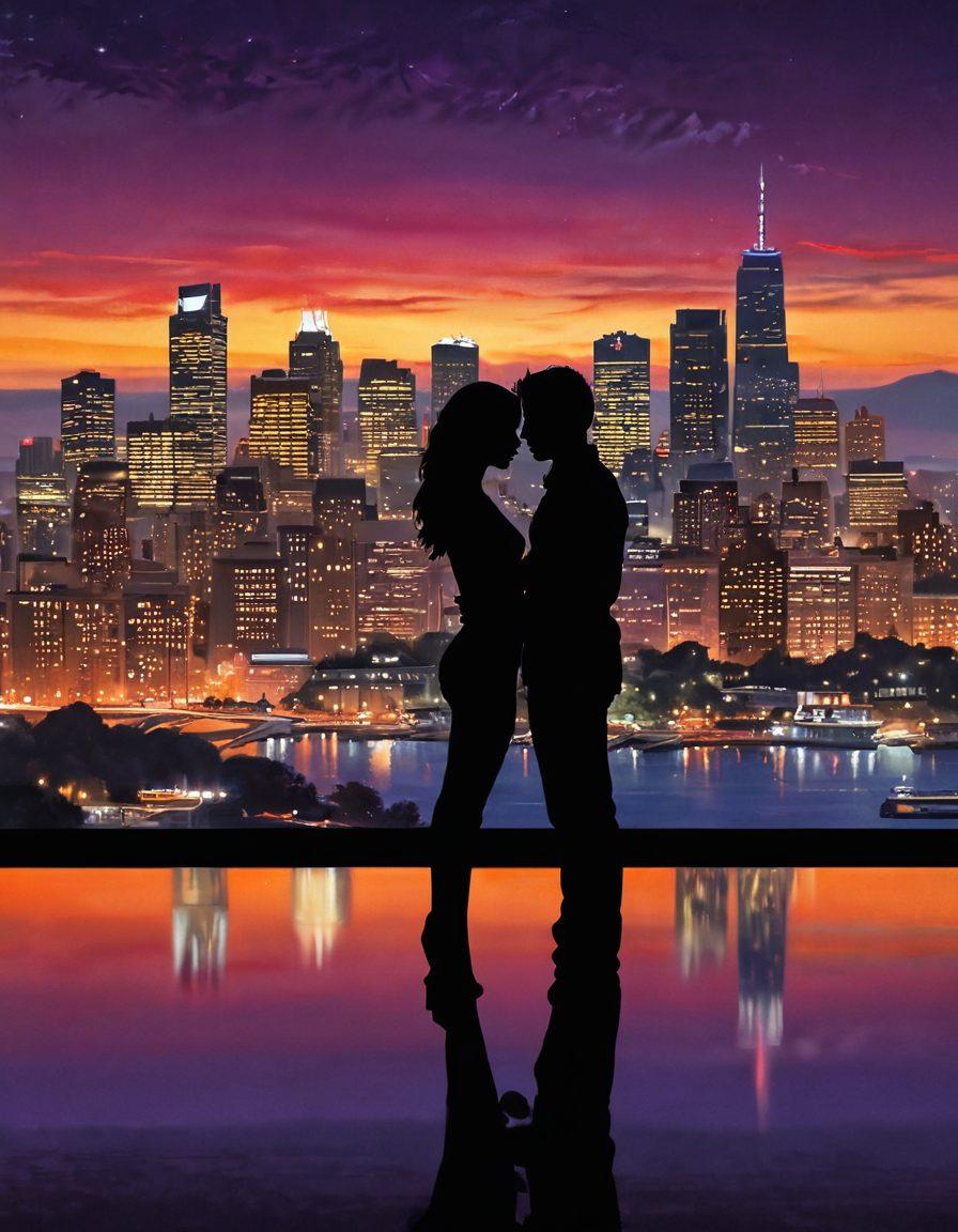 A vibrant urban landscape at twilight, filled with silhouettes of diverse couples enjoying each other’s company, intertwining their hands and gazing into each other's eyes, highlighting intimacy and connection. In the background, a glowing skyline with twinkling city lights symbolizes the journey from fleeting encounters to deep relationships. Evocative hearts and soft glows surrounding the couples create an atmosphere of passion and pleasure. super-realistic. vibrant colors. twilight ambiance.