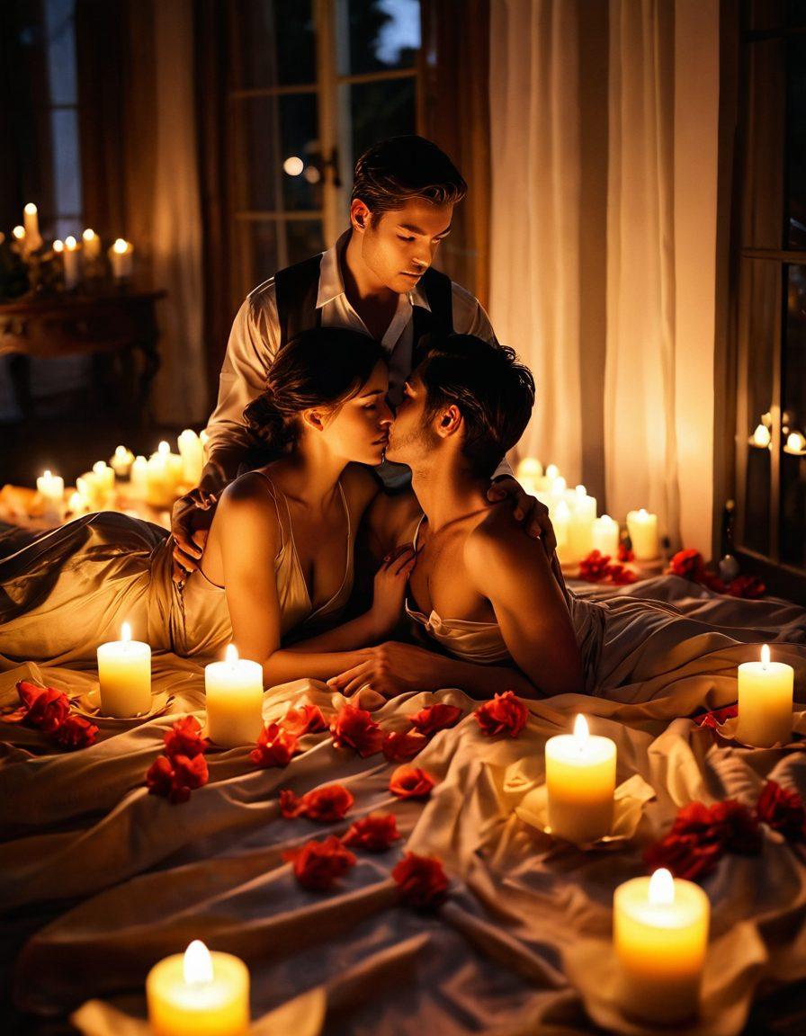 A mesmerizing scene depicting a couple in an intimate setting, surrounded by soft candlelight, showcasing chemistry and allure between them. The background features floating petals and lush fabrics that evoke a sense of warmth and desire. Subtle hints of sensuality are captured through soft shadows and gentle glances. The overall color palette should be rich and warm, emphasizing passion and intimacy. impressionistic. warm tones. soft focus.